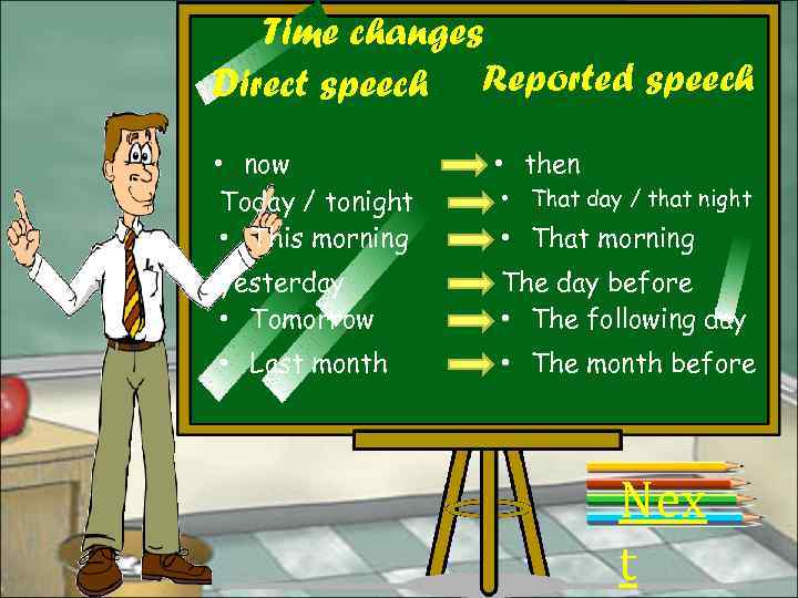 Time changes Direct speech Reported speech • now Today / tonight • This morning