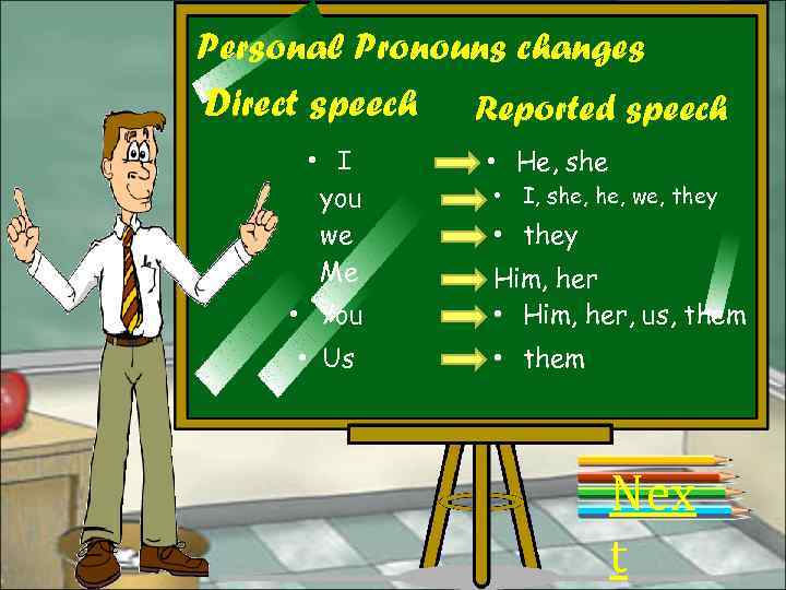 Personal Pronouns changes Direct speech Reported speech • I you we Me • You