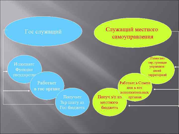 Гос служащий Служащий местного самоуправления Помогает тер. громаде управлять своей территорией Исполняет Функции государства