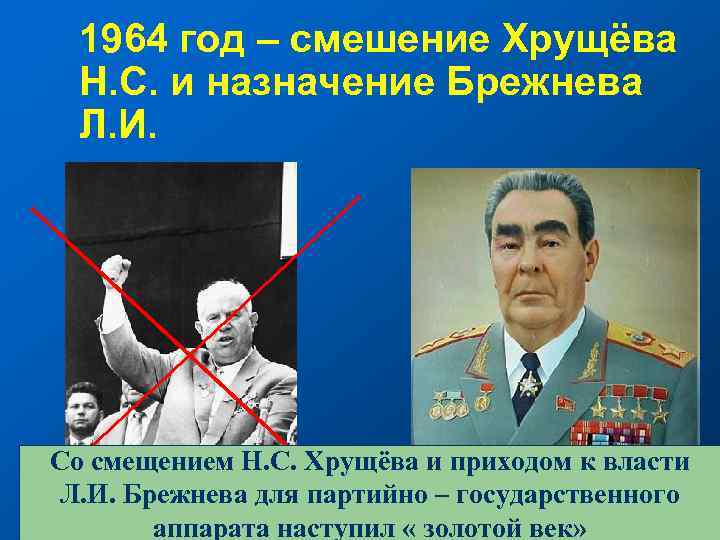 1964 год – смешение Хрущёва Н. С. и назначение Брежнева Л. И. Со смещением