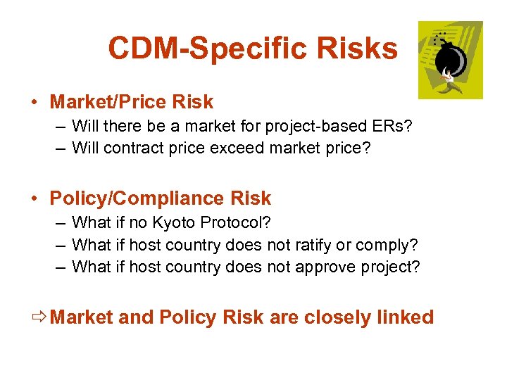 CDM-Specific Risks • Market/Price Risk – Will there be a market for project-based ERs?