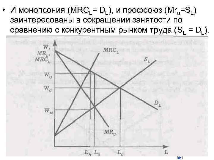  • И монопсония (MRCL= DL), и профсоюз (Mru=SL) заинтересованы в сокращении занятости по