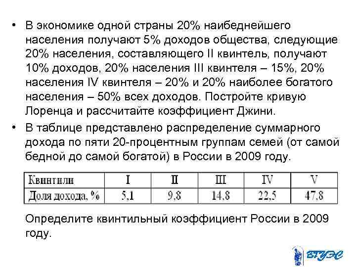  • В экономике одной страны 20% наибеднейшего населения получают 5% доходов общества, следующие