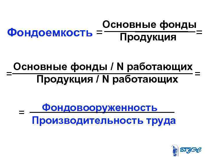 Основные фонды Фондоемкость = Продукция Основные фонды / N работающих = Продукция / N