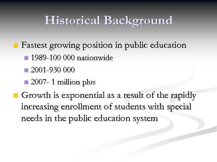 Historical Background n Fastest growing position in public education 1989 -100 000 nationwide n