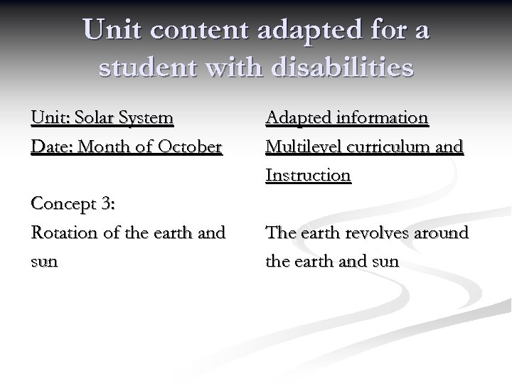 Unit content adapted for a student with disabilities Unit: Solar System Date: Month of