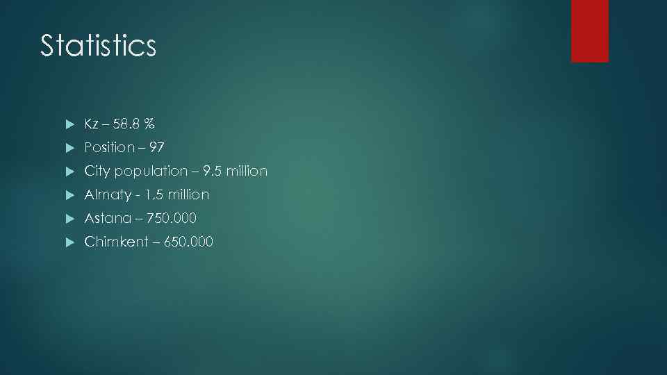 Statistics Kz – 58. 8 % Position – 97 City population – 9. 5