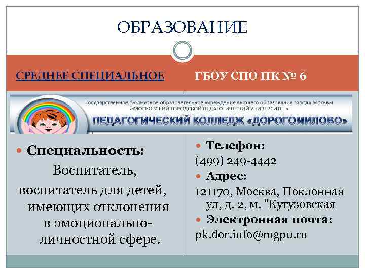 ОБРАЗОВАНИЕ СРЕДНЕЕ СПЕЦИАЛЬНОЕ ГБОУ СПО ПК № 6 Специальность: Телефон: Воспитатель, воспитатель для детей,