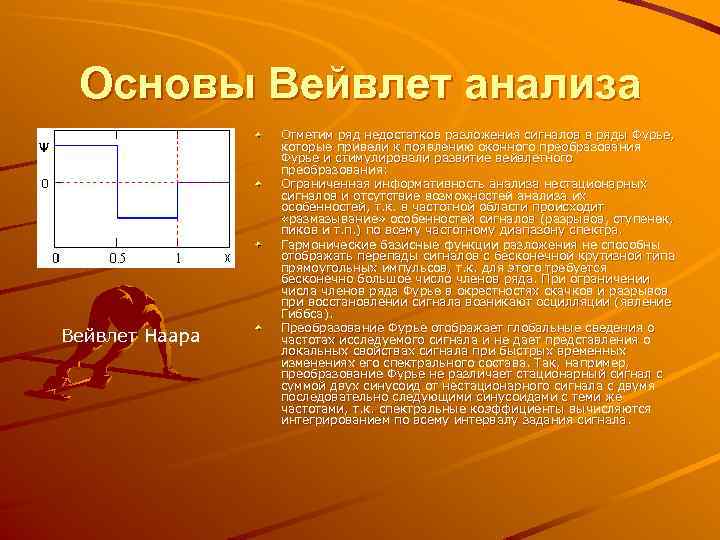 Основы Вейвлет анализа Вейвлет Наара Отметим ряд недостатков разложения сигналов в ряды Фурье, которые