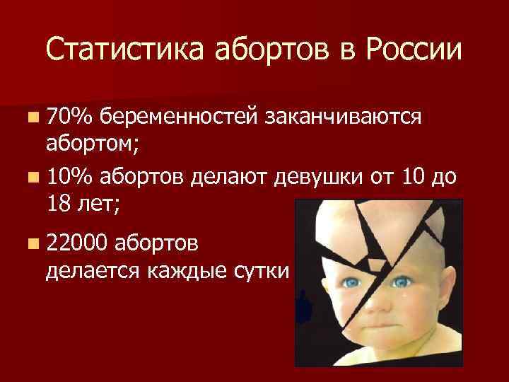 Статистика абортов в России n 70% беременностей заканчиваются абортом; n 10% абортов делают девушки