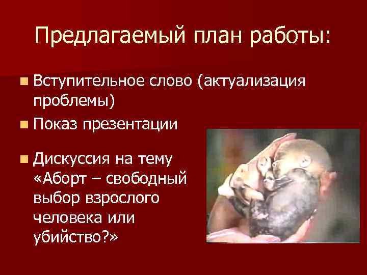 Предлагаемый план работы: n Вступительное слово (актуализация проблемы) n Показ презентации n Дискуссия на