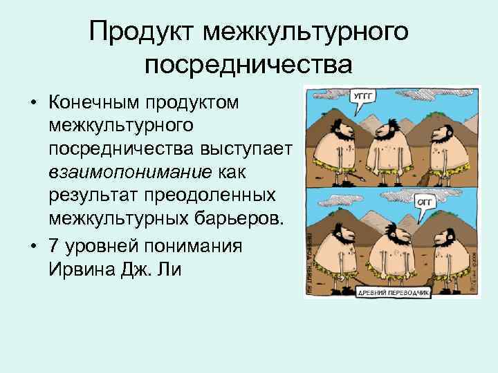 Продукт межкультурного посредничества • Конечным продуктом межкультурного посредничества выступает взаимопонимание как результат преодоленных межкультурных