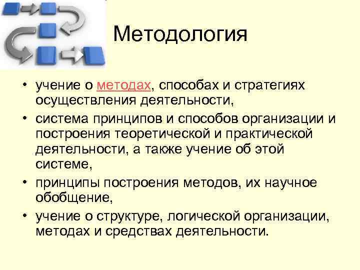 Методология • учение о методах, способах и стратегиях осуществления деятельности, • система принципов и