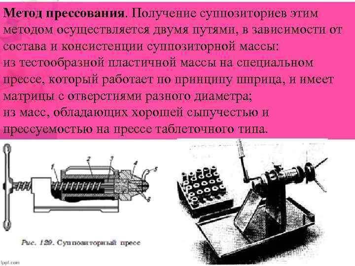 Метод прессования. Получение суппозиториев этим методом осуществляется двумя путями, в зависимости от состава и