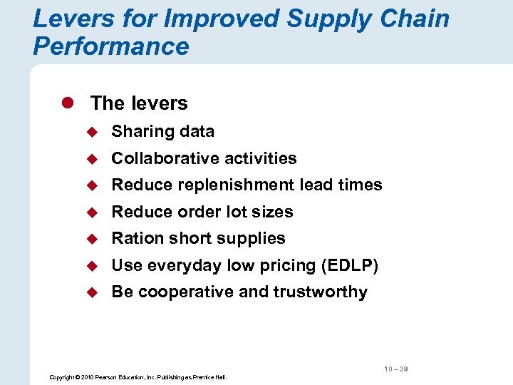 Levers for Improved Supply Chain Performance l The levers u Sharing data u Collaborative