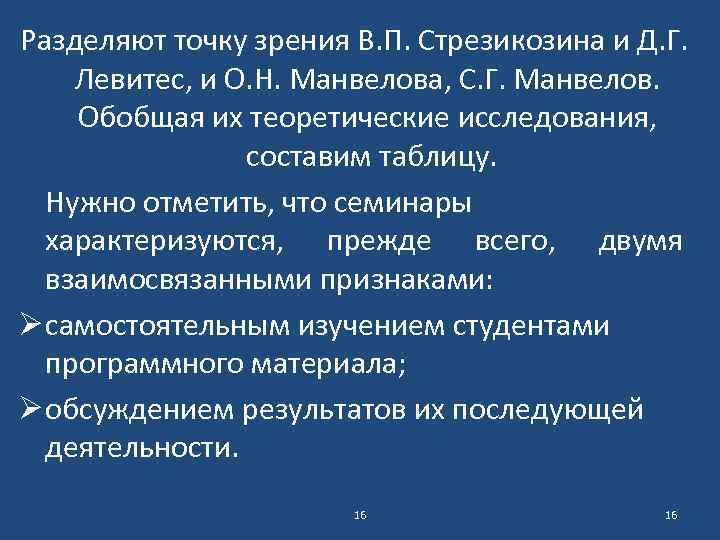 Разделяют точку зрения В. П. Стрезикозина и Д. Г. Левитес, и О. Н. Манвелова,