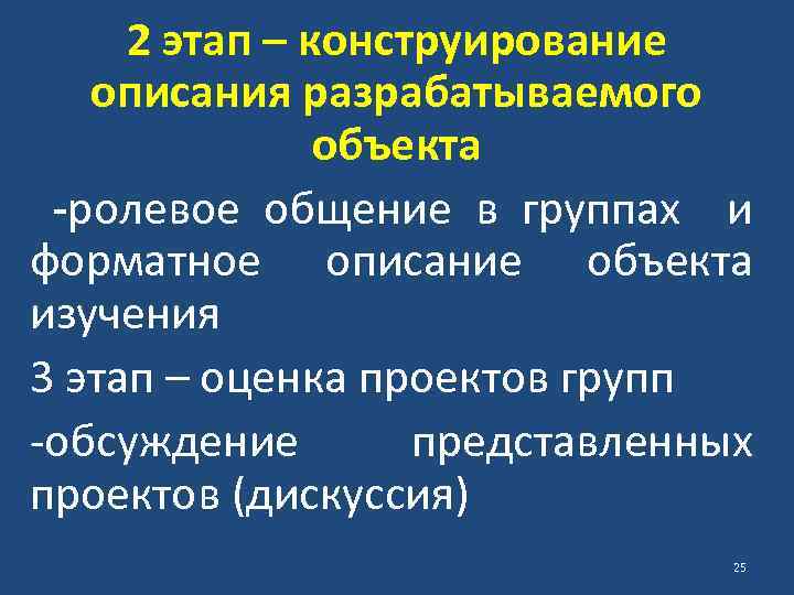 2 этап – конструирование описания разрабатываемого объекта -ролевое общение в группах и форматное описание