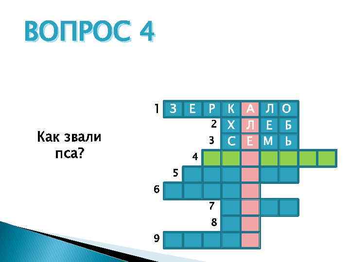 ВОПРОС 4 1 З Как звали пса? Е 4 Р К А Л О