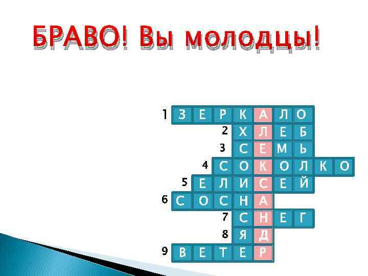 БРАВО! Вы молодцы! 1 З Е Р 2 3 С 5 Е Л 6