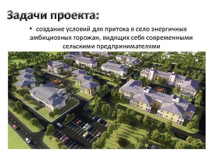 Задачи проекта: • создание условий для притока в село энергичных амбициозных горожан, видящих себя