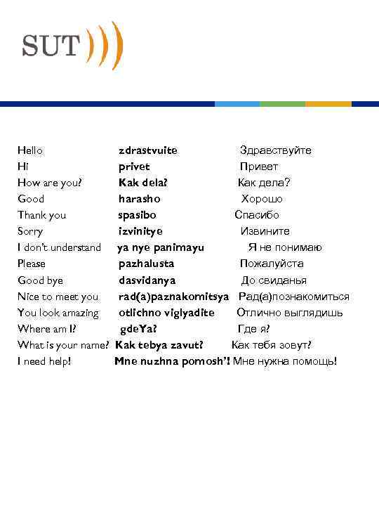 RUSSIAN TIPS Hello Hi How are you? Good Thank you Sorry I don’t understand