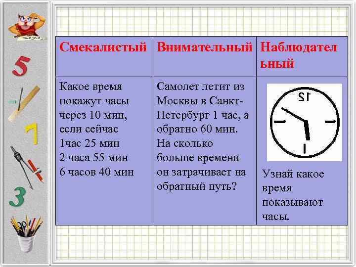 Смекалистый Внимательный Наблюдател ьный Какое время покажут часы через 10 мин, если сейчас 1