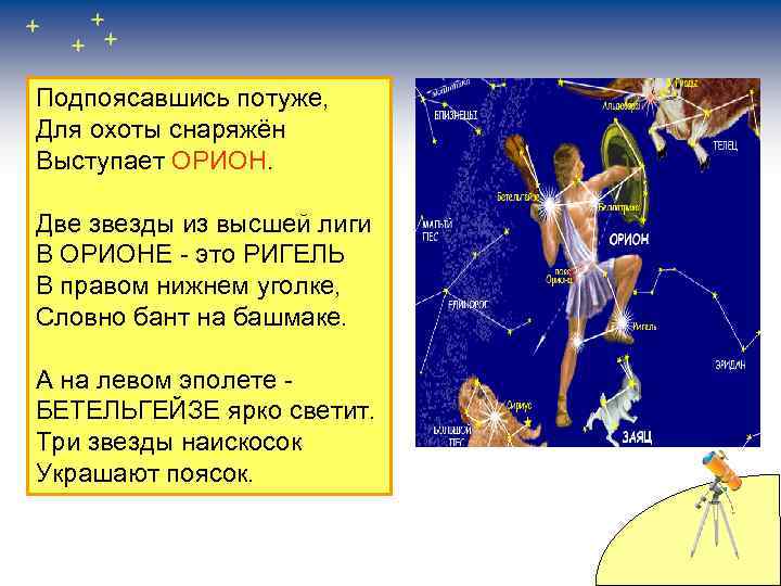 Подпоясавшись потуже, Для охоты снаряжён Выступает ОРИОН. Две звезды из высшей лиги В ОРИОНЕ