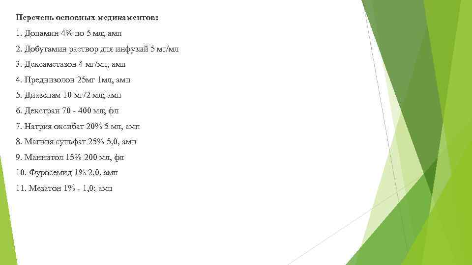 Перечень основных медикаментов: 1. Допамин 4% по 5 мл; амп 2. Добутамин раствор для