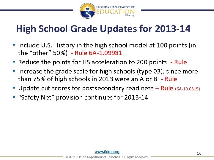 High School Grade Updates for 2013 -14 • Include U. S. History in the