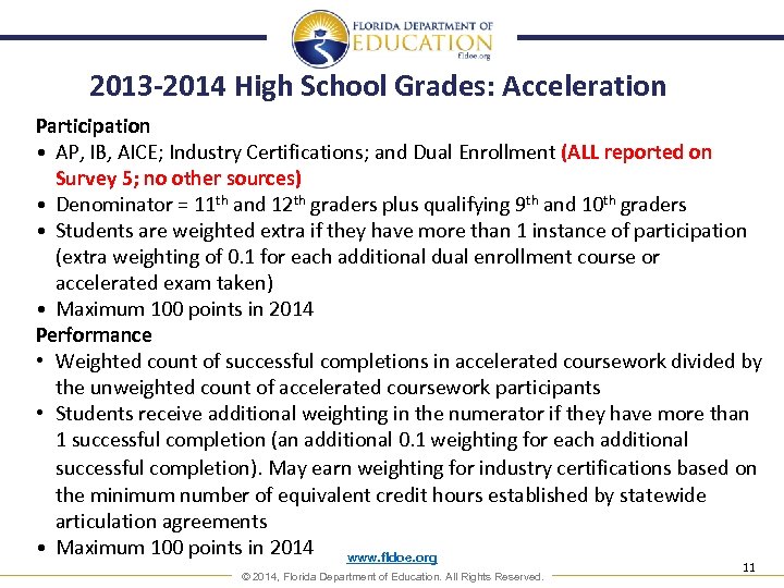 2013 -2014 High School Grades: Acceleration Participation • AP, IB, AICE; Industry Certifications; and