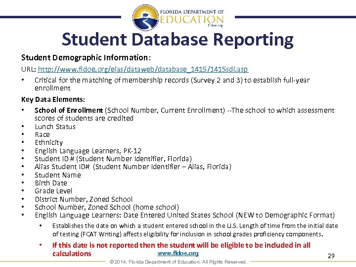 Student Database Reporting Student Demographic Information: URL: http: //www. fldoe. org/eias/dataweb/database_1415/1415 sdi. asp •