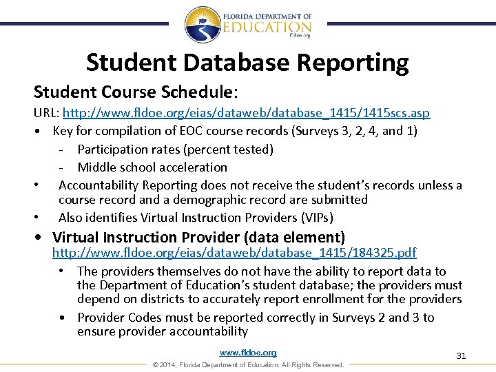 Student Database Reporting Student Course Schedule: URL: http: //www. fldoe. org/eias/dataweb/database_1415/1415 scs. asp •