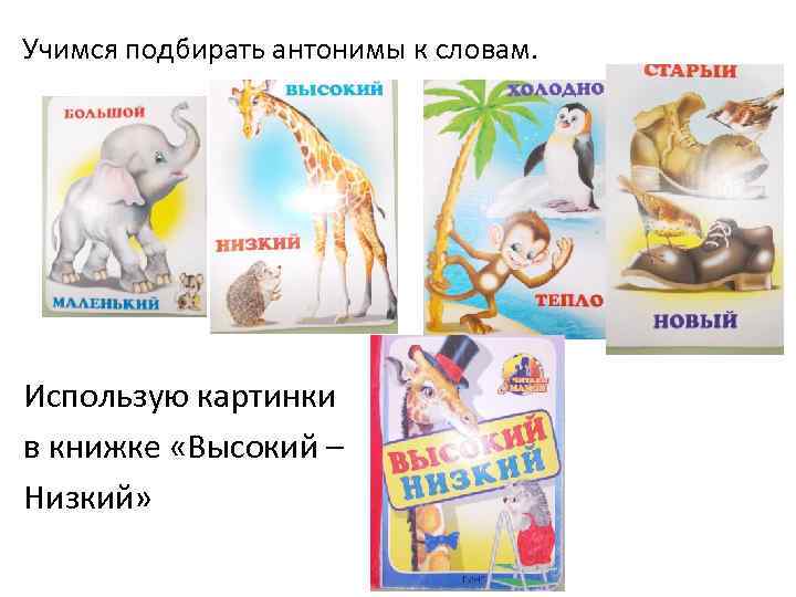 Учимся подбирать антонимы к словам. Использую картинки в книжке «Высокий – Низкий» 