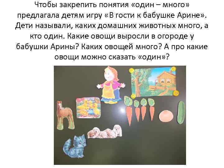 Чтобы закрепить понятия «один – много» предлагала детям игру «В гости к бабушке Арине»