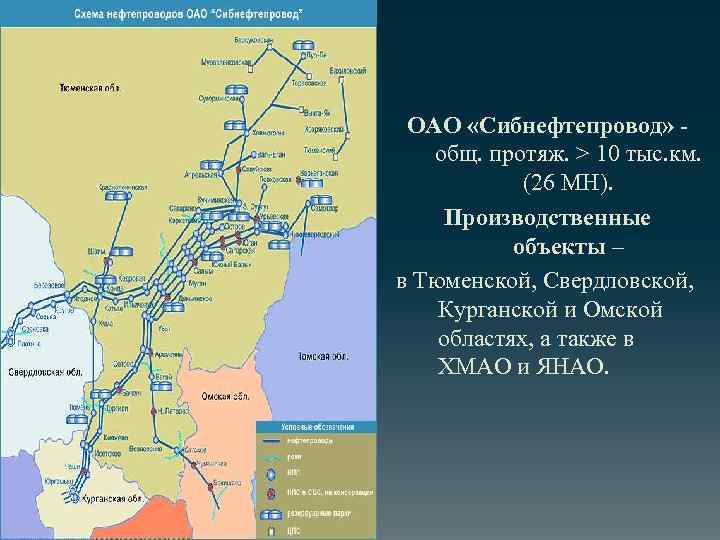 ОАО «Сибнефтепровод» - общ. протяж. > 10 тыс. км. (26 МН). Производственные объекты –