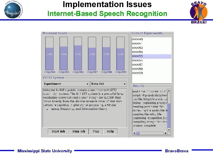 Implementation Issues Internet-Based Speech Recognition Mississippi State University Bravo. Brava 