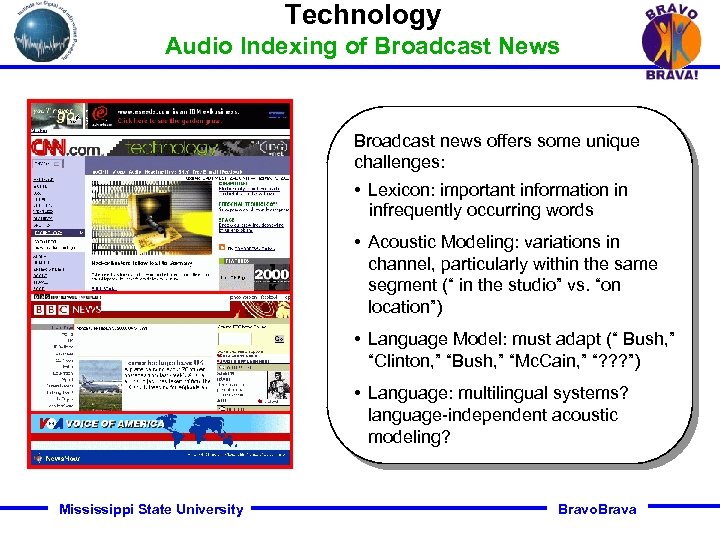 Technology Audio Indexing of Broadcast News Broadcast news offers some unique challenges: • Lexicon: