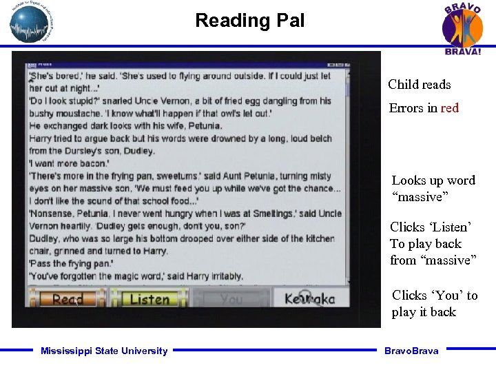 Reading Pal Child reads Errors in red Looks up word “massive” Clicks ‘Listen’ To