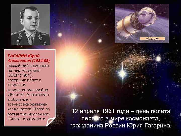  «Восток» ГАГАРИН Юрий Алексеевич (1934 -68), российский космонавт, летчик-космонавт СССР (1961), совершил полет