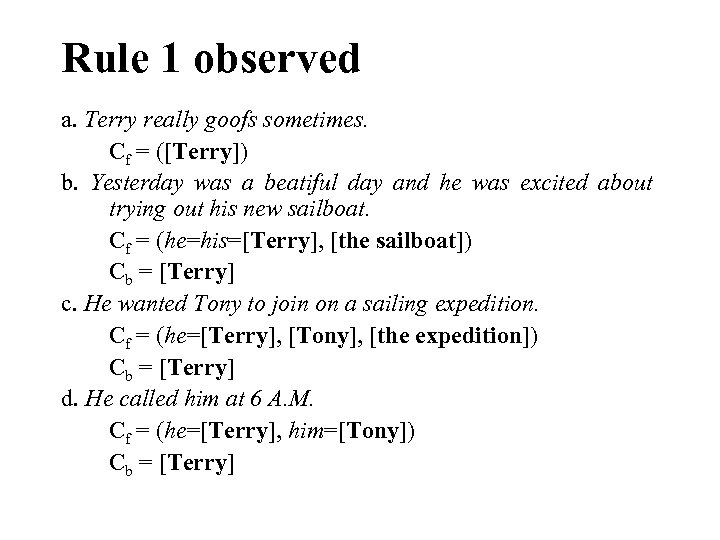 Rule 1 observed a. Terry really goofs sometimes. Cf = ([Terry]) b. Yesterday was