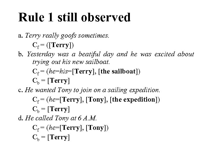 Rule 1 still observed a. Terry really goofs sometimes. Cf = ([Terry]) b. Yesterday