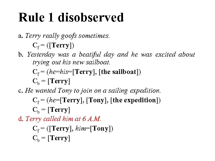 Rule 1 disobserved a. Terry really goofs sometimes. Cf = ([Terry]) b. Yesterday was