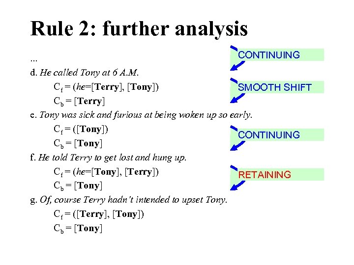 Rule 2: further analysis CONTINUING. . . d. He called Tony at 6 A.