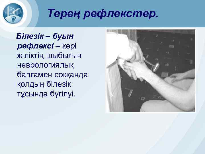Терең рефлекстер. Білезік – буын рефлексі – кәрі жіліктің шыбығын неврологиялық балғамен соққанда қолдың