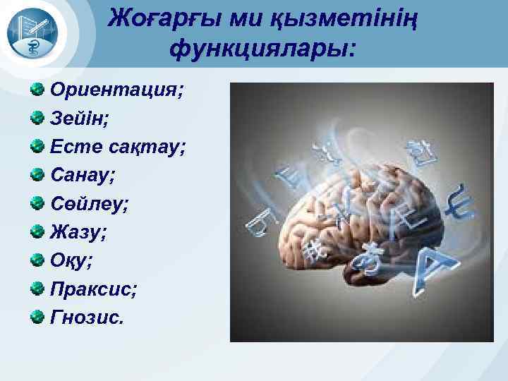 Жоғарғы ми қызметінің функциялары: Ориентация; Зейін; Есте сақтау; Санау; Сөйлеу; Жазу; Оқу; Праксис; Гнозис.