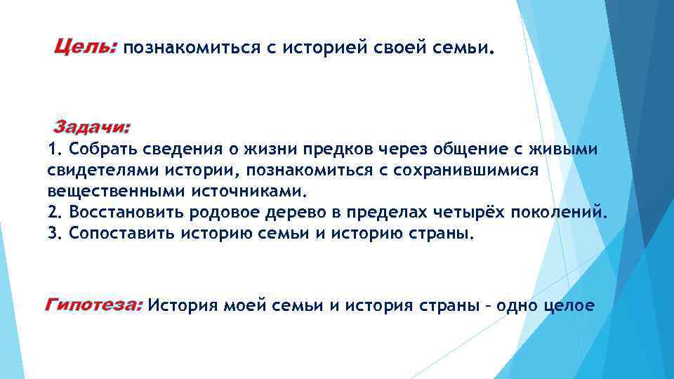 Цель: познакомиться с историей своей семьи. Задачи: 1. Собрать сведения о жизни предков через