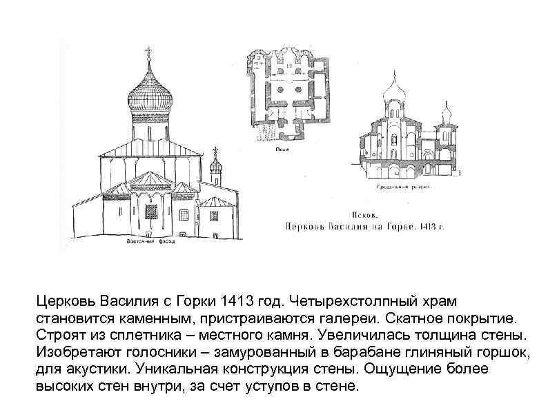 Церковь Василия с Горки 1413 год. Четырехстолпный храм становится каменным, пристраиваются галереи. Скатное покрытие.