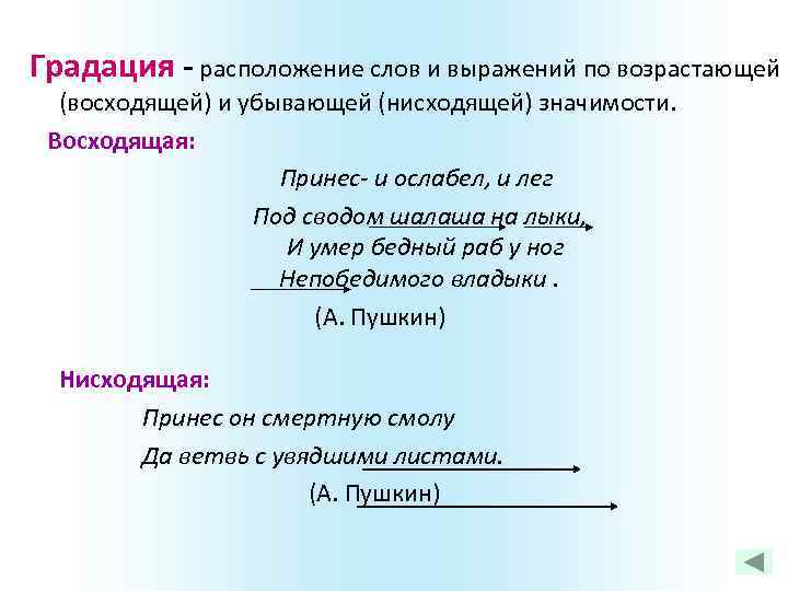 Градация - расположение слов и выражений по возрастающей (восходящей) и убывающей (нисходящей) значимости. Восходящая: