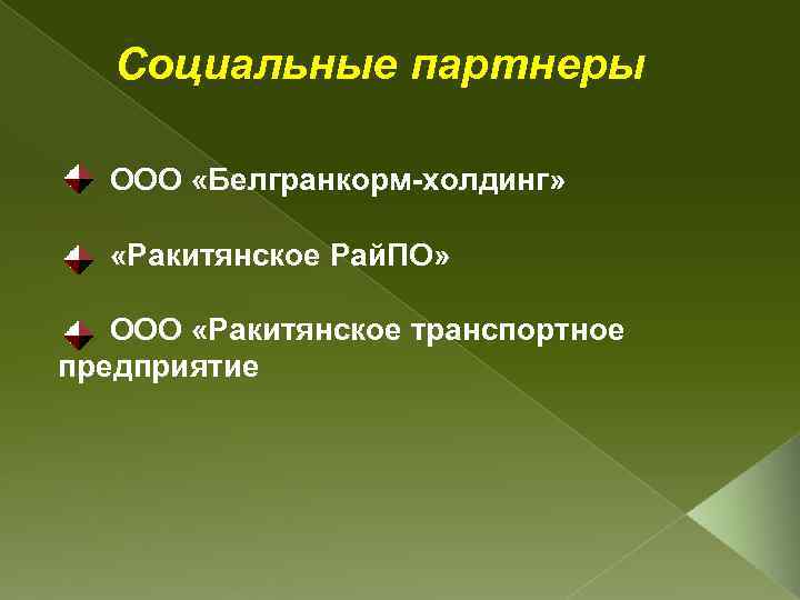 Социальные партнеры ООО «Белгранкорм-холдинг» «Ракитянское Рай. ПО» ООО «Ракитянское транспортное предприятие 