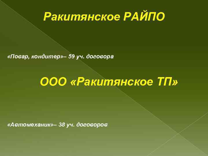 Ракитянское РАЙПО «Повар, кондитер» – 59 уч. договора ООО «Ракитянское ТП» «Автомеханик» – 38